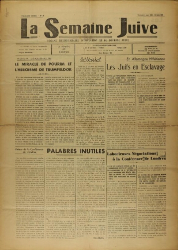 La Semaine Juive : Organe hebdomadaire d'éducation et de défense juive. N° 54 (3 mars 1939)